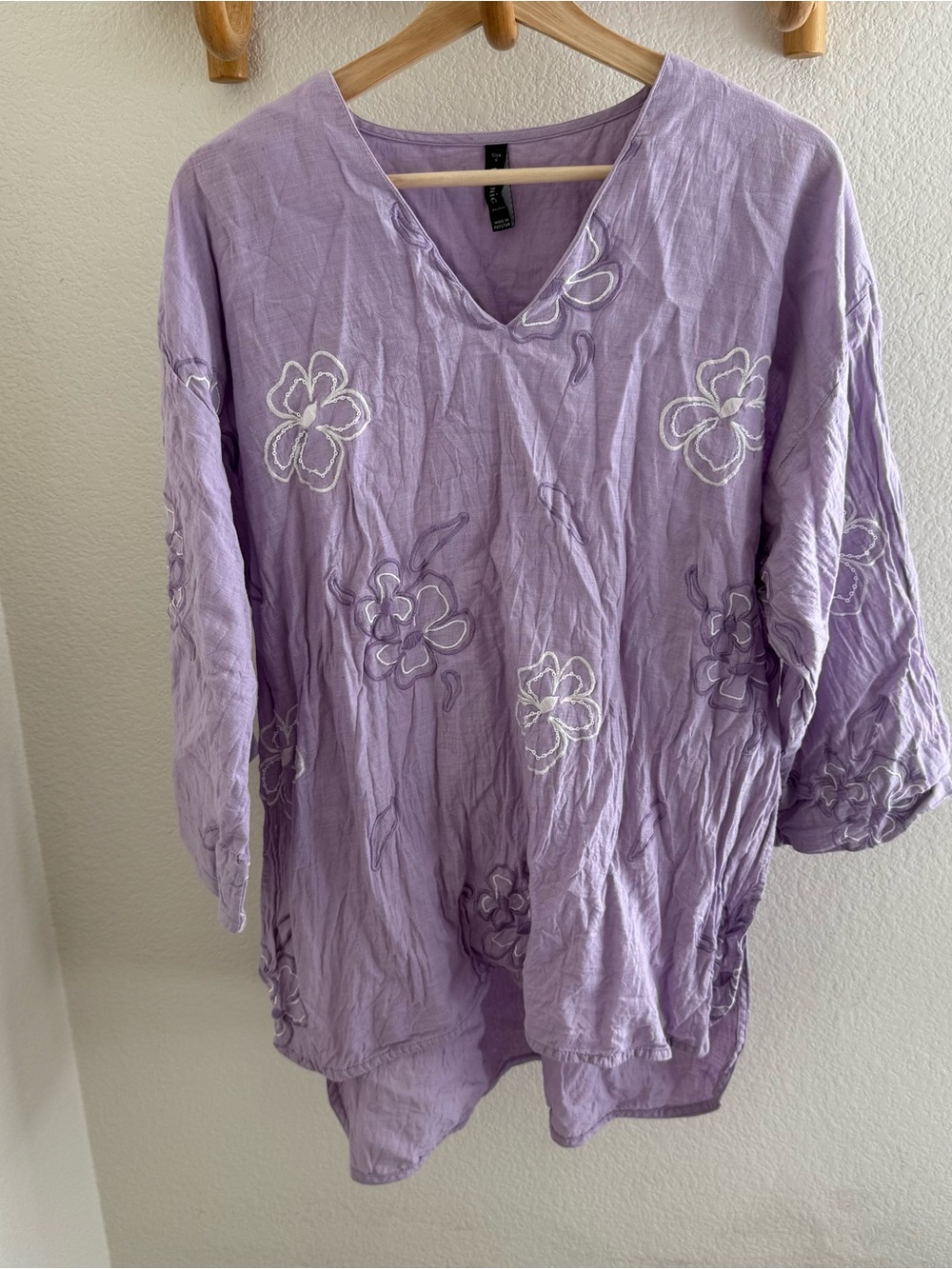 Ethnic boho lavender Purple linen blend embroidered floral tunic bell sleeves